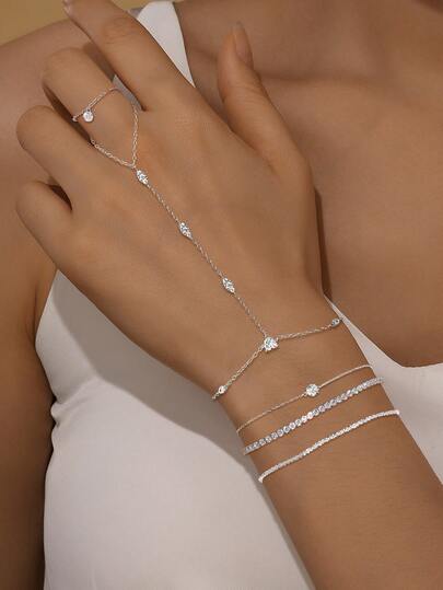 EleRunis 1PC 925 Sterling Silver Dainty Diamond Ring Bracelet Hand Chain Ring Set For Women Dainty Cubic Zirconia Bracelet And Ring Chain Body Jewelry Daily Wear Wedding Party Engagement Anniversary Valentine's Day