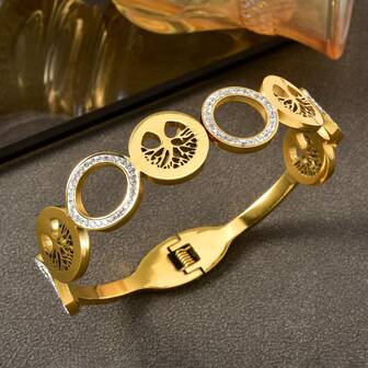 1 st personligt 18k guldpläterat herrarmband i rostfritt stål, guldpläterat, urholkat livsträd med diamantinfälld rund ringdesign för vardagsbruk