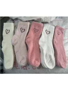 5双装心形图案蓬松女士船袜，保暖爱心袜，超厚柔软舒适，适合秋冬季节，适合作为情人节和圣诞节礼物 - 彩色 - 查看 4