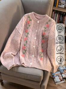 JIANHU Áo khoác cardigan thêu hoa cổ điển dành cho nữ | Áo len dệt kim màu kem | Áo len ấm áp mùa thu đông | Áo len mềm mại kiểu Hàn Quốc | Ấm áp và đa năng cho Giáng sinh, tiệc năm mới và trang phục hàng ngày - Hồng - Xem 3