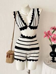 Women's Fashionable Black & White Striped Crochet Knit Crop Top And Shorts Set, Decorated With Fan-Shaped Ruffle, Suitable For Summer Vacation - Black and White - View 1