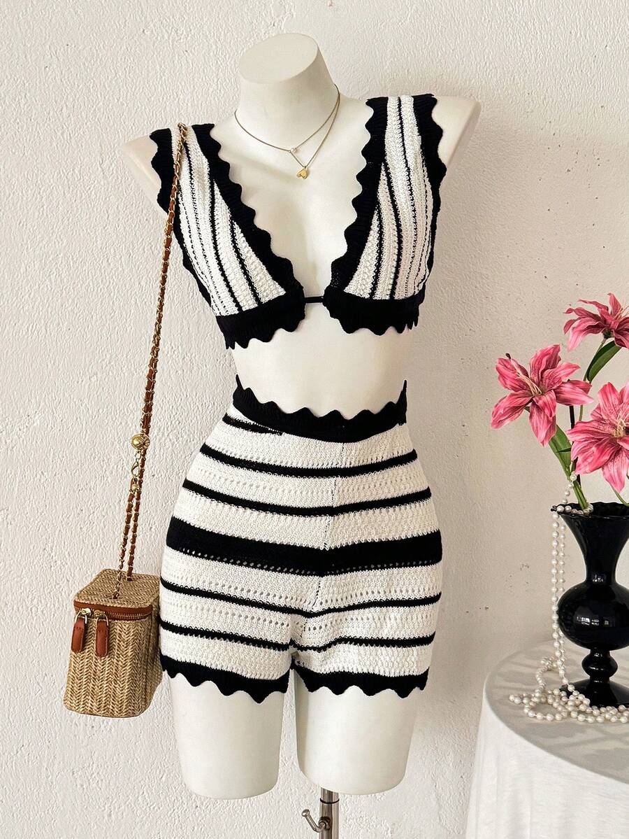 Women's Fashionable Black & White Striped Crochet Knit Crop Top And Shorts Set, Decorated With Fan-Shaped Ruffle, Suitable For Summer Vacation - Black and White - View 1