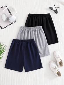 Bộ 3 quần short cơ bản màu trơn cạp chun cho bé trai, quần short dài đến đầu gối in chữ đa năng hàng ngày cho trẻ em, màu xanh navy, xám nhạt, đen, phù hợp cho thanh thiếu niên, phong cách thường ngày, thể thao, ngoài trời, du lịch, đường phố. - Nhiều màu - Xem 2
