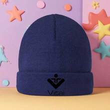 1 Must-Choose Printed Knitted Hat - With Logo, Unisex Warm Winter Hat, Medium Elastic Fit, Elegant Round Top Design, Suitable For Daily Wear, Christmas, Halloween, Easter - Machine Washable, Knitted Hat, Casual Headwear, Fashionable Headwear - 藏青 - 查看 11