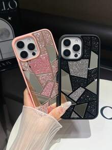 1pc Black Geometric Colorblock Rhinestone Phone Case Compatible With IPhone 15 Pro Max - Black - View 8