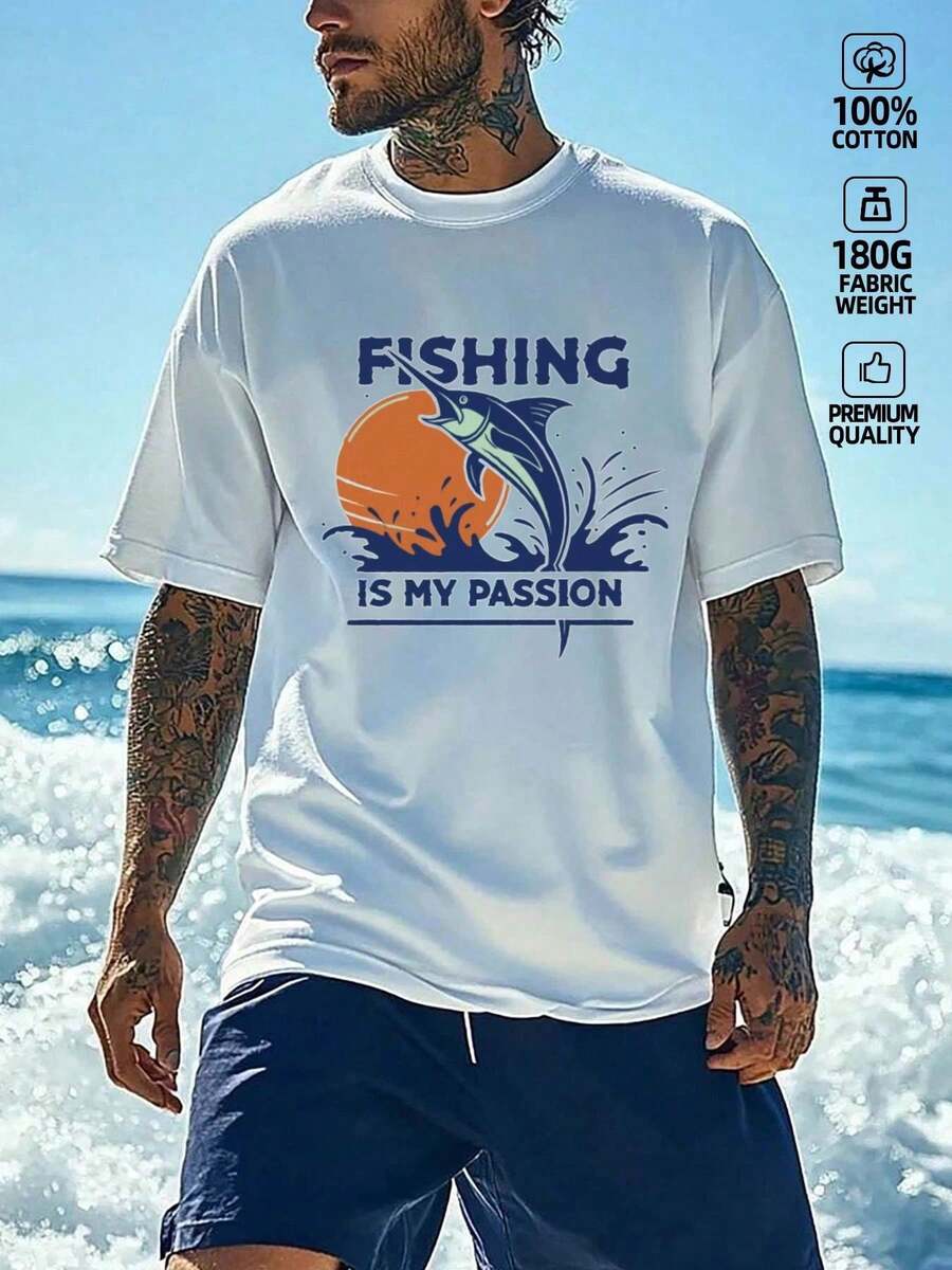 Men's 180g 100% Cotton Fun Fishing Print T-Shirt, Short Sleeve Round Neck Casual Fishing Theme Top, All-Season Comfortable Fishing Travel Outdoor Activity Wear - Ideal Gift For Anglers - White - View 1