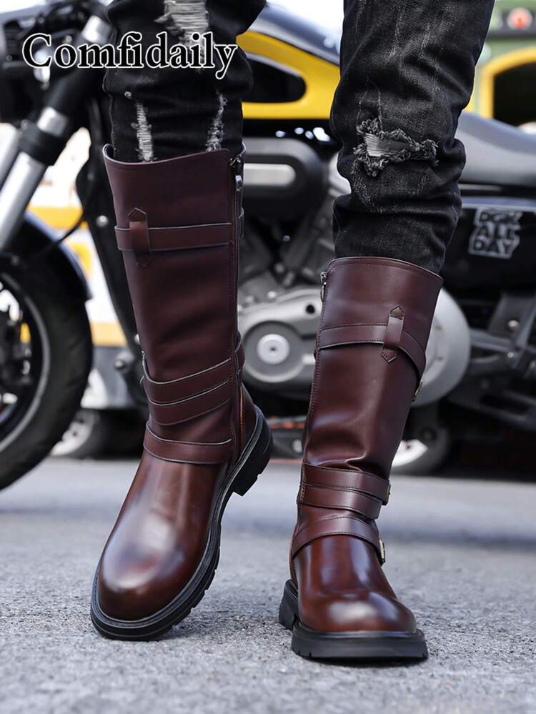Bottes d'hiver pour hommes, nouvelles bottes de plein air , bottes de moto polyvalentes et décontractées, bottes cheville mode à boucle de couleur unie - Tabac - Voir 3
