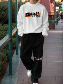2pcs/Set Men's Streetwear Mickey Mouse Print Hoodie And Flare Pants Outfit, Boyfriend/Husband Gift, Anniversary Gift, Disney Sweatshirt - 黑與白 - 查看 13