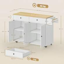 Rolling Kitchen Island, 2 Drawers, 2 Cabinets, Movable, Spice Rack, Towel Rail, Knife Rack, MDF, White - White - View 2