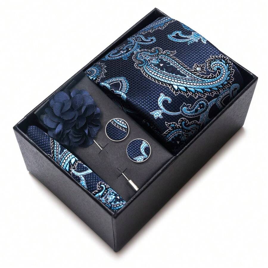 4-Piece/Set High-Quality Classic Blue Men's Tie Gift Box, An Ideal Choice For Men's Suit Accessories, Suitable For Holidays, Weddings, And Business Work