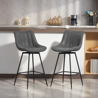  HOMCOM Bar Stools Set Of 2, PU Leather Upholstered Swivel Barstools, Breakfast Bar Chairs With Backrest And Footrest For Kitchen Island Counter, Dining Room, Grey