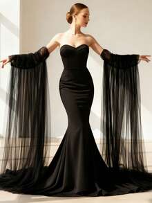 1 pièce Manche de robe en mousseline de soie noire semi-transparente et fluide, manche de robe longue et élégante pour soirée, mariage, représentation, défilé - Manches - Voir 2