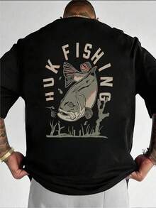 Camiseta gráfica de pesca - Camiseta clásica de cuello redondo en algodón con diseño vibrante de peces - Tejido ligero y transpirable para comodidad en aventuras al aire libre - Ideal para entusiastas de la pesca, papás y amigos en cumpleaños, Día del Padre o cualquier ocasión,ropa de hombre,parejas,envio nacional,regalo para hombre,oversize hombre. - Negro - Ver 1