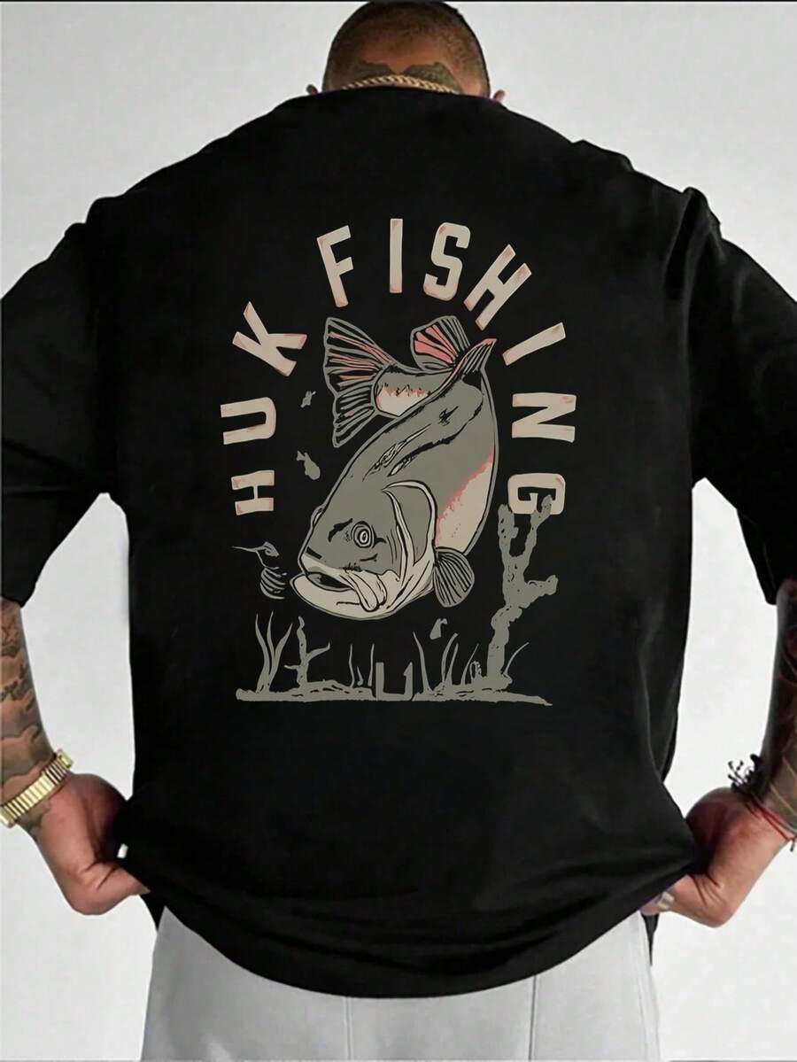 Camiseta gráfica de pesca - Camiseta clásica de cuello redondo en algodón con diseño vibrante de peces - Tejido ligero y transpirable para comodidad en aventuras al aire libre - Ideal para entusiastas de la pesca, papás y amigos en cumpleaños, Día del Padre o cualquier ocasión,ropa de hombre,parejas,envio nacional,regalo para hombre,oversize hombre. - Negro - Ver 1