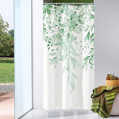 Small Stall Shower Curtain 36 X 72, Narrow Half Mint Green Floral Shower Curtain For Bathroom, Watercolor Plant Eucalyptus Leaves Fabric Shower Curtain Set With Hooks,MintGreen36inchWx72inchLPackof1