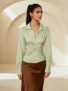 1 Solid Color Women's Shirt For Office Use In Spring And Summer - Mint Green - View 4