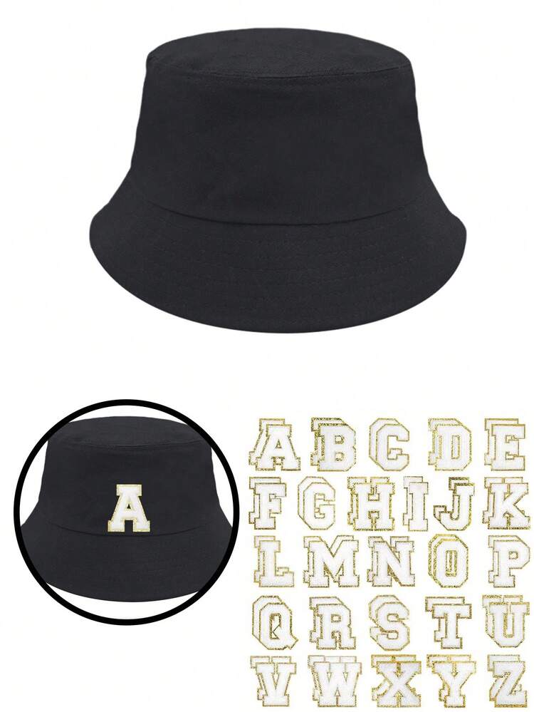 1顶儿童三色渔夫帽 + 26片自粘刺绣字母贴片，棉质透气遮阳帽，可调节户外渔夫帽，DIY字母装饰时尚休闲帽，适合春夏男女通用 - 白色(字母) - 查看 117