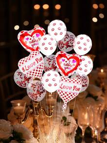 14pcs Valentine's Day Themed Decoration Balloon Set, 18-Inch I Love You Heart Shaped Foil Balloon, Lip Print Latex Balloons Suitable For Birthday Party, Anniversary, Valentine's Day, Engagement Proposal Decor - Multicolor - View 1
