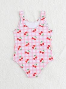 Young Girls Cherry Plaid Print One-Piece Swimsuit, Pink - Multicolor - View 3