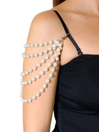 1pc Multi-Layer Pearl Shoulder Chain, European And American Fashion Evening Party Dress, Lingerie Accessory, Vintage Bridal Wedding Accessory Body Chain