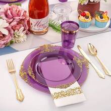 50-Piece Purple And Gold Rimmed Patterned Plastic Tableware Set – Disposable Cutlery Including 10 Pieces Of 10.25-Inch Dinner Plates, 10 Pieces Of 7.5-Inch Dessert Plates, 10 Dinner Knives, 10 Dinner Forks And 10 Dinner Spoons, Ideal For Parties, Weddings, Valentine's Day, New Year And Other Occasions - 紫色 - 查看 4