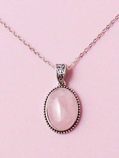1pc Fashionable & Luxurious Oval Rose Quartz Pendant Necklace For Women