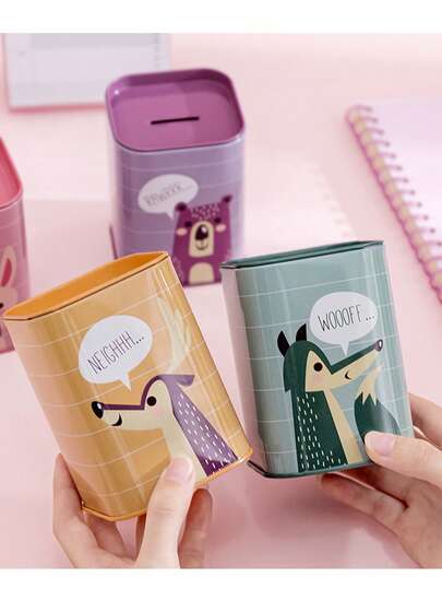 1/2pcs Random Color Korean & English Cartoon Animal Metal Piggy Bank, Square Shaped, Rust-Proof, Easy To Open, Suitable For Children's Bedroom, Nursery Decor, Ideal Gift For Valentine's Day, Mother's Day, Graduation, Housewarming