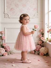 Baby Girl Elegant & Cute Daisy Embroidered Floral Toddler Sleeveless Mesh Pink Comfortable Dress, Suitable For Vacation, Birthday Party, Princess Dress, Photo Shoot, Easter - Pink - View 4