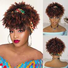 二合一非洲蓬松卷曲发带假发，带刘海，黑色/棕色/金色，女士合成半头假发 - 彩色 - 查看 13