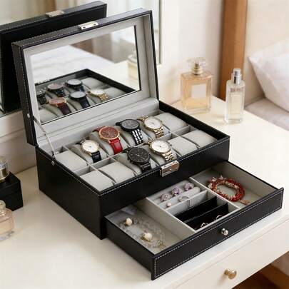 12-Slot Wooden Watch Box With Glass Lid & Lock, 2-Layer Display Case With Drawer For Bracelets & Rings,Ideal Gift For Him,  Gift Box For Christmas, Birthday & Anniversary