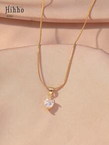 Hihho 1 件时尚方晶锆石和蛇骨链项链，时尚吊坠锁骨链，适合女士 - 金黃色 - 查看 10