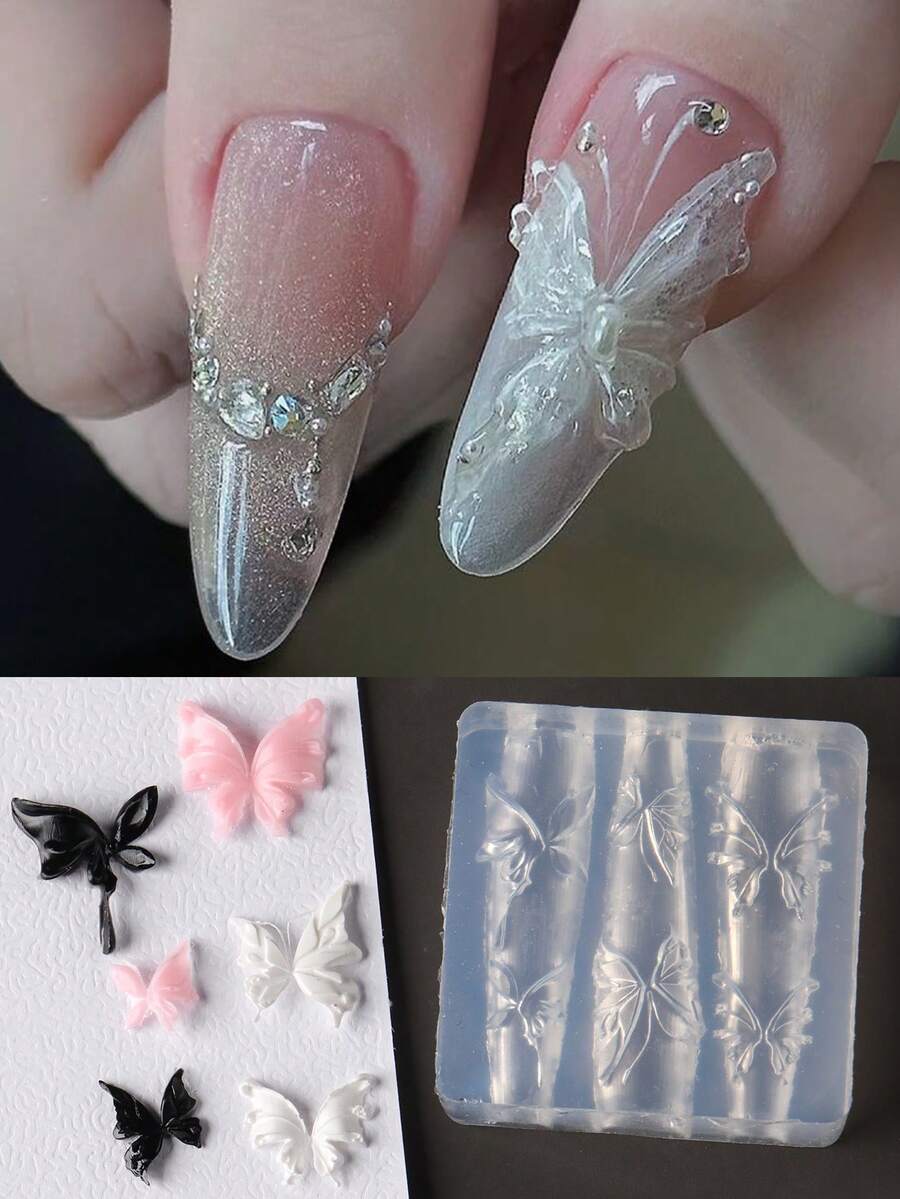 1个蝴蝶美甲3D硅胶雕刻模板 - 高品质柔韧硅胶超薄可重复使用DIY美甲工艺模具 - 無色 - 查看 1