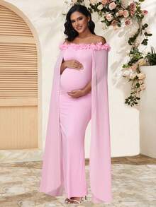 JustVH Maternity Elegant Open Shoulder Floral Applique Fitted Chiffon Dress With Shawl, Suitable For Baby Shower Photo Props Spring - Hot Pink - View 5