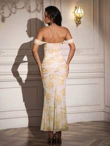 PARTHEA Off-Shoulder Mermaid Hem Ruffle Fitted Maxi Dress Party Elegant Summer - Yellow - View 3