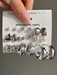 18 Stücke elegantes minimalistisches Schmuckset mit Cut Out Blumen, Herzen, Kunstperle, Wassertropfen, Strass, Rosen, Seesternen, C-förmigen Elementen, geeignet für Frauen bei Partys, Banketten, zufälligen Tanzveranstaltungen, Dates, als Geschenk, hoher Preis-Leistungs-Wert (zufälliger Stil) - Silber - Übersicht 3