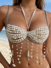Women's White Strapless Pearl Chain Halter Cami Top - Adjustable Lobster Clasp Design, Stylish Bralette Vest For Daily Wear, Party  Vacation One Size - 白色 - 查看 5