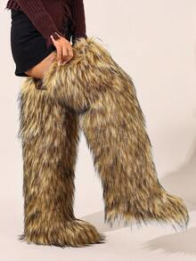 Women's Faux Fur Tall Boots, Solid Color Y2K Outdoor Fabric Furry Over-The-Knee Boots, For Outdoor Spring, Autumn, Winter - Brown - View 5