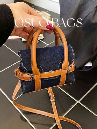 1pc Mini Dual Handle PU Leather Crossbody Bag, Printed Decor, Zipper Closure, Versatile For Lipstick, Earphones