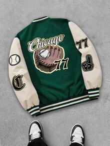 MAISONFOX Men's Color Block Letter Print Button Up Jacket,Men College Style Varsity Jacket, Vacation, Fashion, Long Sleeve Color Block Baseball Jacket - Army Green - View 10
