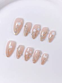 10pcs Handmade Press-On Nails, Short Almond-Shaped Nails, Fake Nails, French Manicure Nail Stickers, Gold, White, Pink, Cute, Cat Eye, Elegant Luxury Style, Gold Cat Eye Ombre, Hand-Painted 3D Golden Line Diamond Tulip, Nail Gem Decor, Reusable, Suitable For Women And Girls - Champagne - View 6