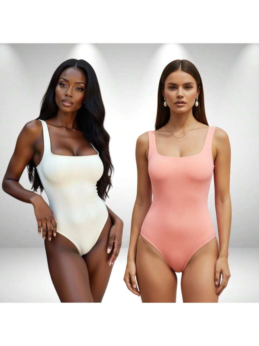 SET OF 2 Women's Square Neck Tank Top Bodysuits With Thin Straps In Spandex - WHITE aND LIGHT PINK - View 1