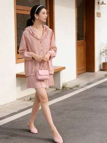 Chemise pour femmes de couleur unie texturée jacquard, coupe ample, polyvalente, cardigan à capuche manches longues, coupe-vent léger, convient pour le printemps/automne, bureau/tenue décontractée