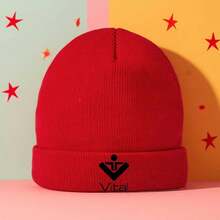 1 Must-Choose Printed Knitted Hat - With Logo, Unisex Warm Winter Hat, Medium Elastic Fit, Elegant Round Top Design, Suitable For Daily Wear, Christmas, Halloween, Easter - Machine Washable, Knitted Hat, Casual Headwear, Fashionable Headwear - 藏青 - 查看 5