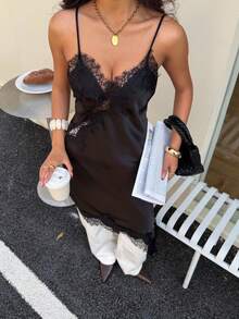 Seelio 夏季新款女士时尚性感不对称蕾丝连衣裙，欧美风优雅黑色 - 黑色 - 查看 3
