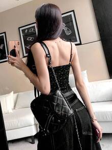 甜美火辣女孩黑色花卉蕾丝长袖开衫外套搭配吊带背心，两件套，春假必备 - 黑色 - 查看 6