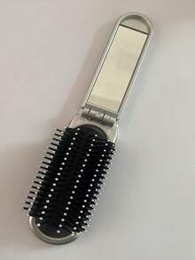 1pc Foldable Silver-Tone Metallic Comb With Built-In Mirror, Compact & Portable - Silver - View 10