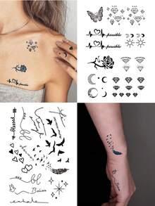 CAT QUEEN ART 6张/1张半永久纹身贴纸，小巧精致的Y2K元素，浪漫玫瑰、星星、月亮、小鸟、钻石、羽毛图案，临时假纹身贴纸，适合DIY嘉年华、情人节、派对礼物，可贴于手腕、脚踝、肩膀、脖子、锁骨等部位，可维持1-2周，不褪色、不反光、防水，逼真纹身贴纸。