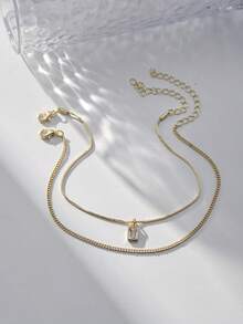 Nooxian 2件套几何长方形吊坠脚链套装，铜镶嵌立方氧化锆，多层镀金链，适合日常休闲佩戴 - 金黃色 - 查看 6