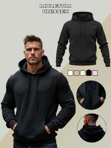 Plain Sweatshirt Kangaroo Unisex Cotton Flannel Front Pocket Adjustable Hooded Blouse Fashion - 黑色 - 查看 11