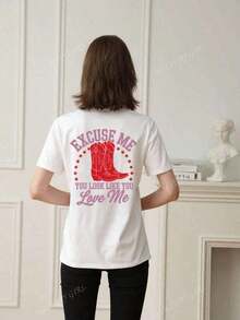EXCUSE ME Ladies' Summer Street Red Boot Pattern Personalized Print Pattern Round Neck T-Shirt Western Style Clothing Women's Top. Graphic Tees Women Pink Top-White And Navy Off-The-Shoulder Cropped Top- Unisexideal Para Amigos - 白色 - 查看 2